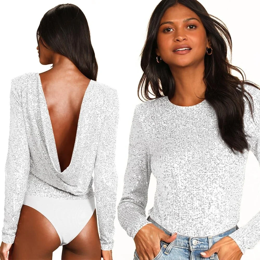JWJP&CCYIQI Long Sleeve Sequin Bodysuit Glitter Sparkle One Piece Top Sheer M